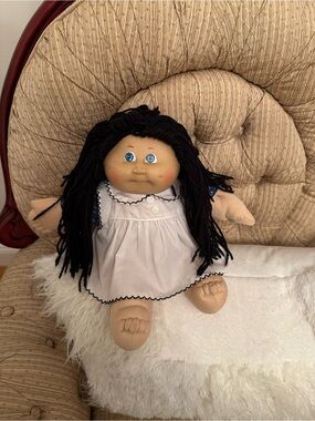 Classic Plush Rag Doll in white Dress with Black Hair